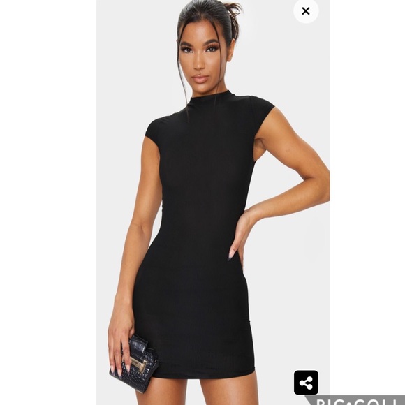black high neck ribbed bodycon dress